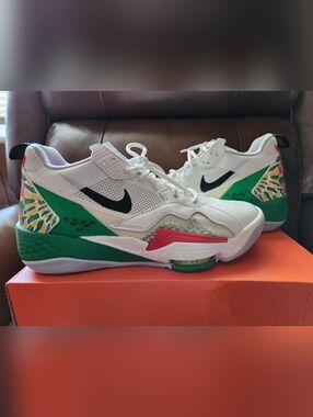 Nike Men's White Black Green Basketball Sneakers with Red Accent